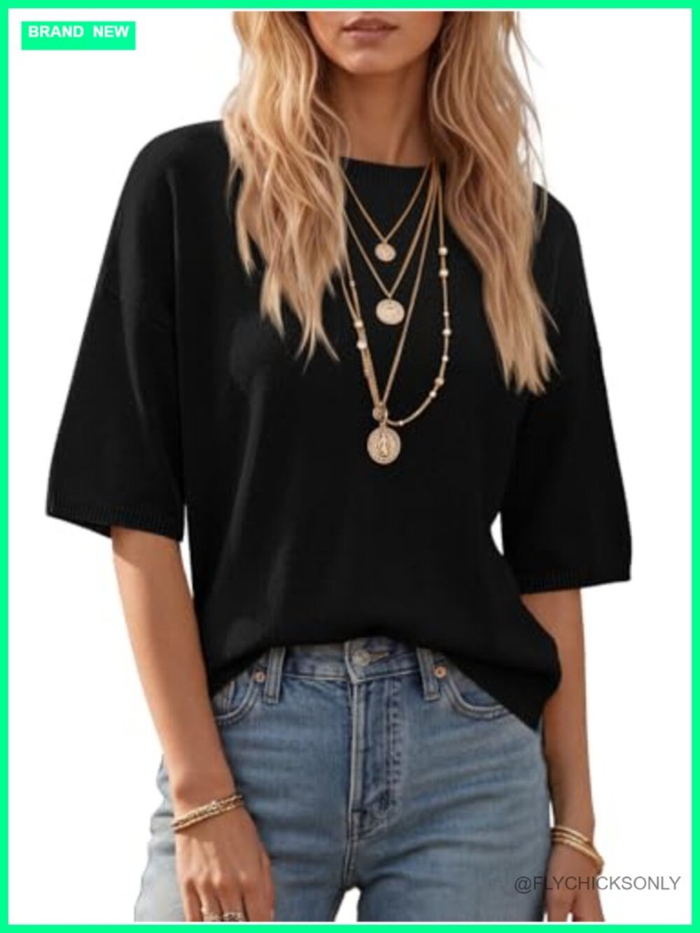 Womens Lightweight Knit Pullover Sweater Crew Neck 3/4 Sleeve Casual